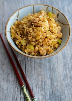 Pork Fried Rice in a bowl on a table.