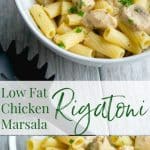 A bowl filled with different types of food, with Chicken and Rigatoni