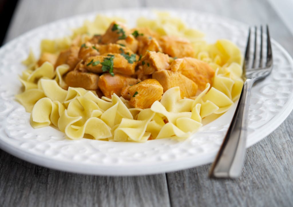 A bowl of Chicken Papikash over no yolk dumplings