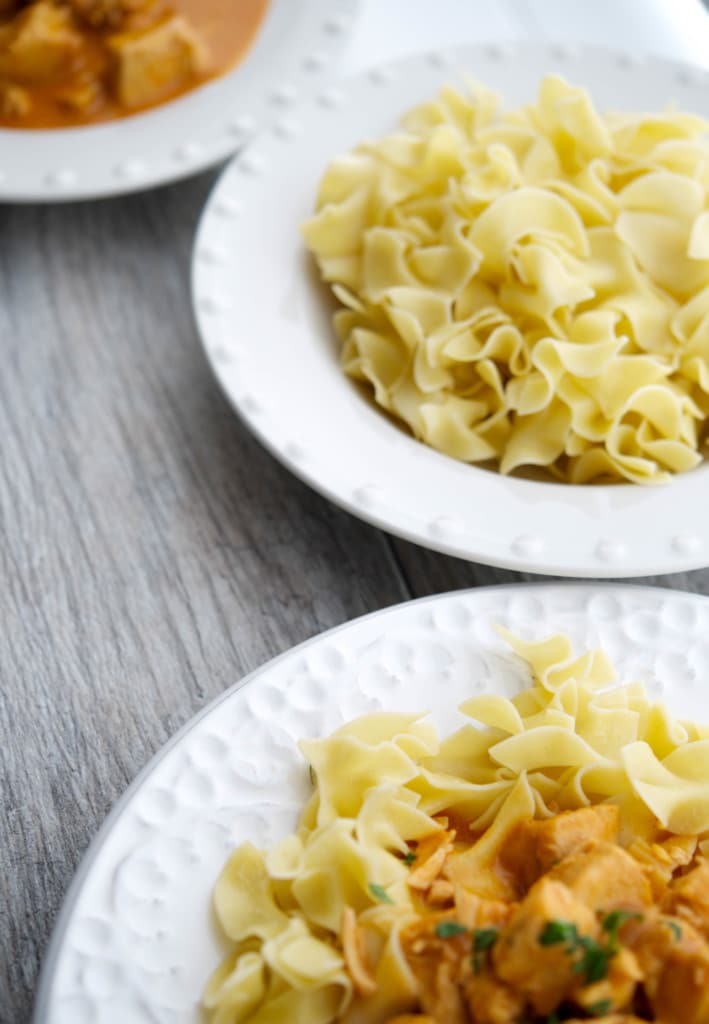 Chicken Paprikash over egg noodles