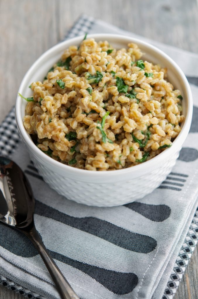 Italian whole wheat farro combined with fresh baby spinach, garlic, Asiago cheese and butter; then served as a warm side dish.