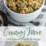 Italian whole wheat farro combined with fresh baby spinach, garlic, Asiago cheese and butter; then served as a warm side dish.