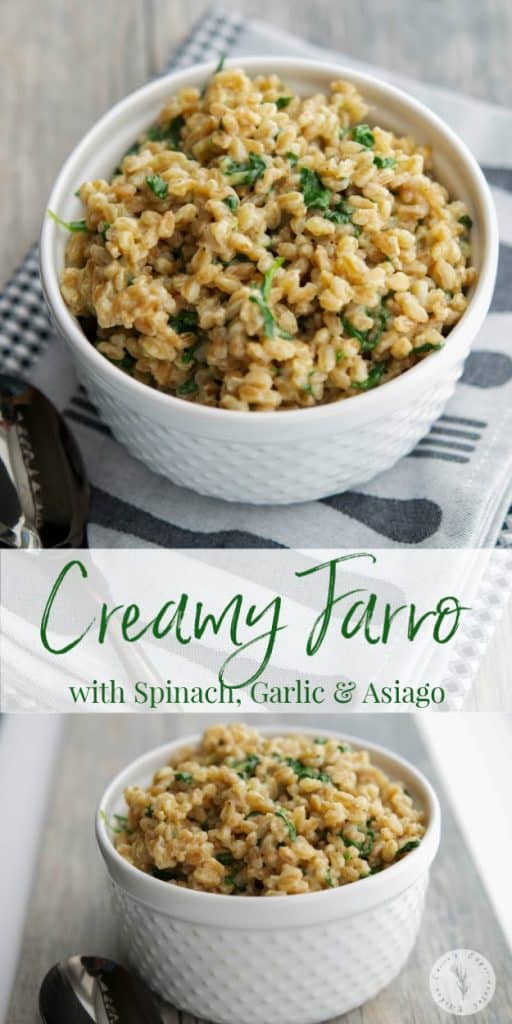 Italian whole wheat farro combined with fresh baby spinach, garlic, Asiago cheese and butter; then served as a warm side dish.