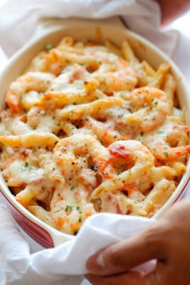 A close up of food, with Shrimp and Pasta