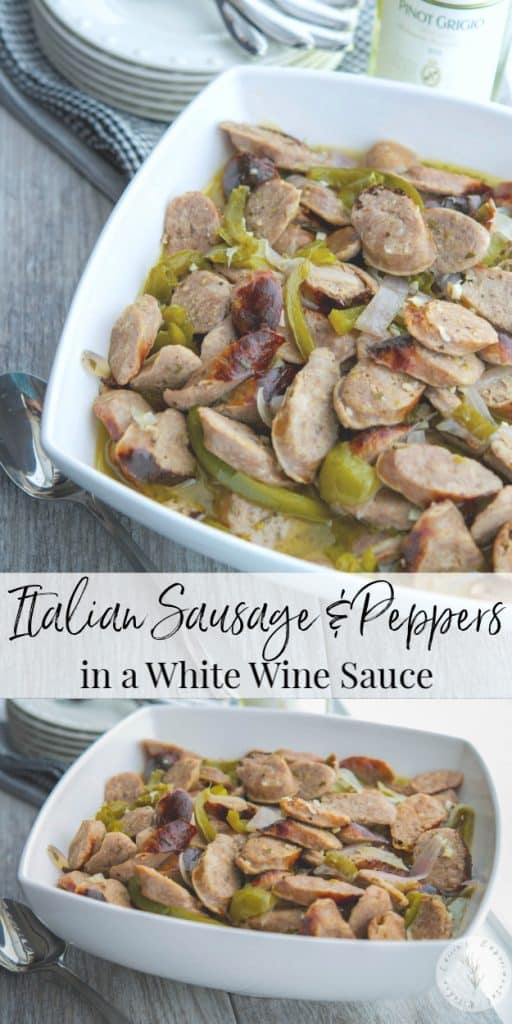 Italian Sausage and Peppers in a White Wine Sauce make the perfect Sunday afternoon meal or tasty sandwiches for tailgating.