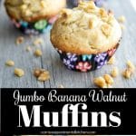 Jumbo Banana Walnut Muffins made with ripened bananas and chopped walnuts make a tasty on the go breakfast or afternoon snack.