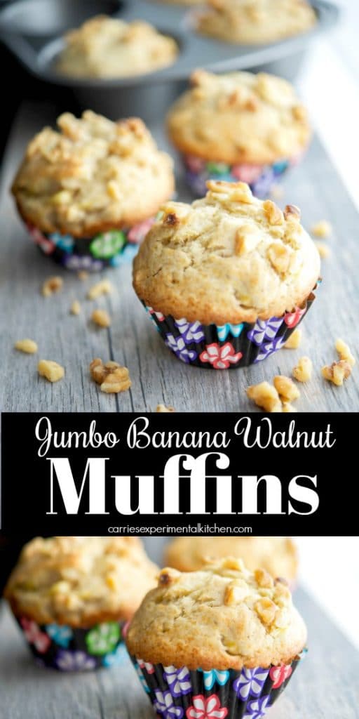 Jumbo Banana Walnut Muffins made with ripened bananas and chopped walnuts make a tasty on the go breakfast or afternoon snack.