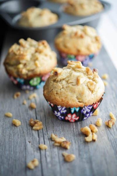 Jumbo Banana Walnut Muffins made with ripened bananas and chopped walnuts make a tasty on the go breakfast or afternoon snack.