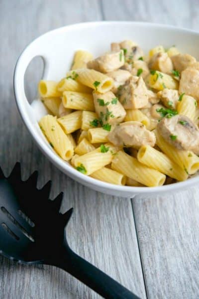 Chicken Marsala Rigatoni in a white bowl.