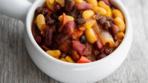 Vegetarian Three Bean Chili in a white soup crock.