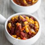 Vegetarian Three Bean Chili  closeup in a soup crock.