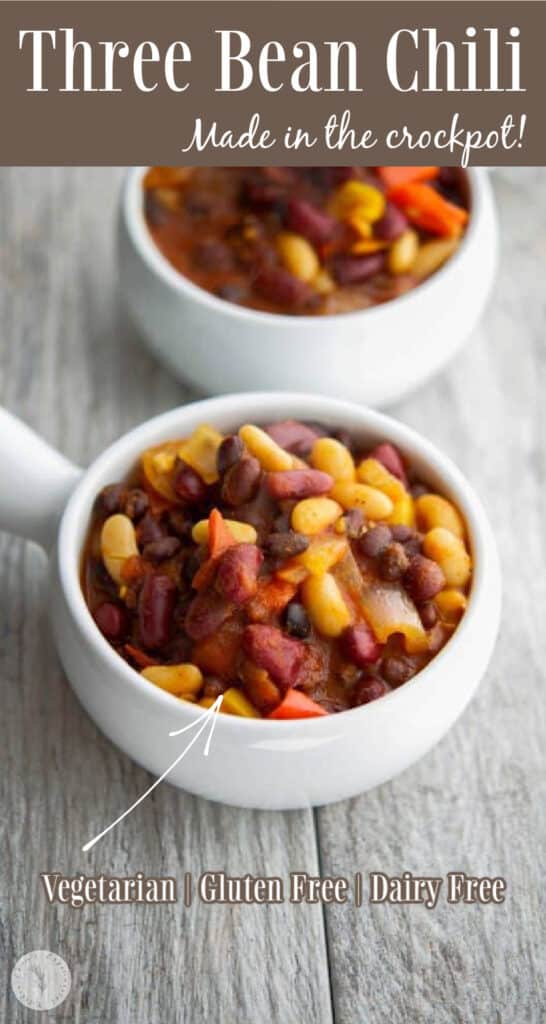 Vegetarian Three Bean Chili closeup in a soup crock.