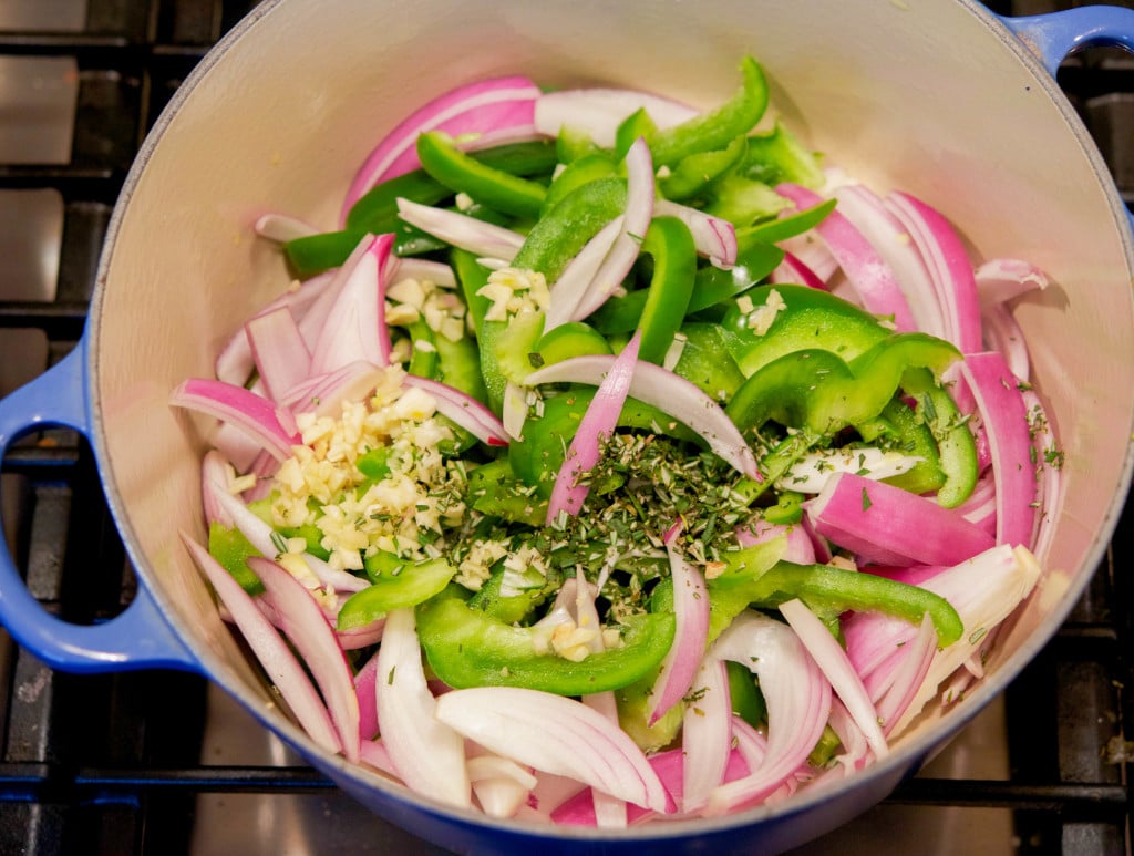 peppers and onions in dutch oven