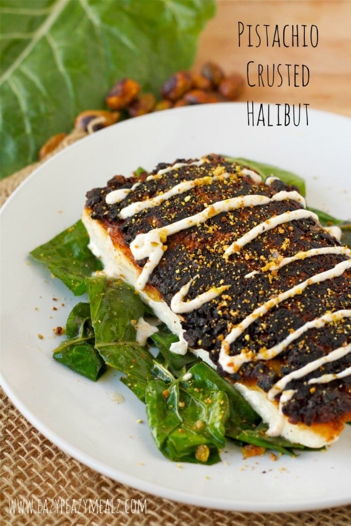 A plate of food with broccoli, with Halibut and Pistachio