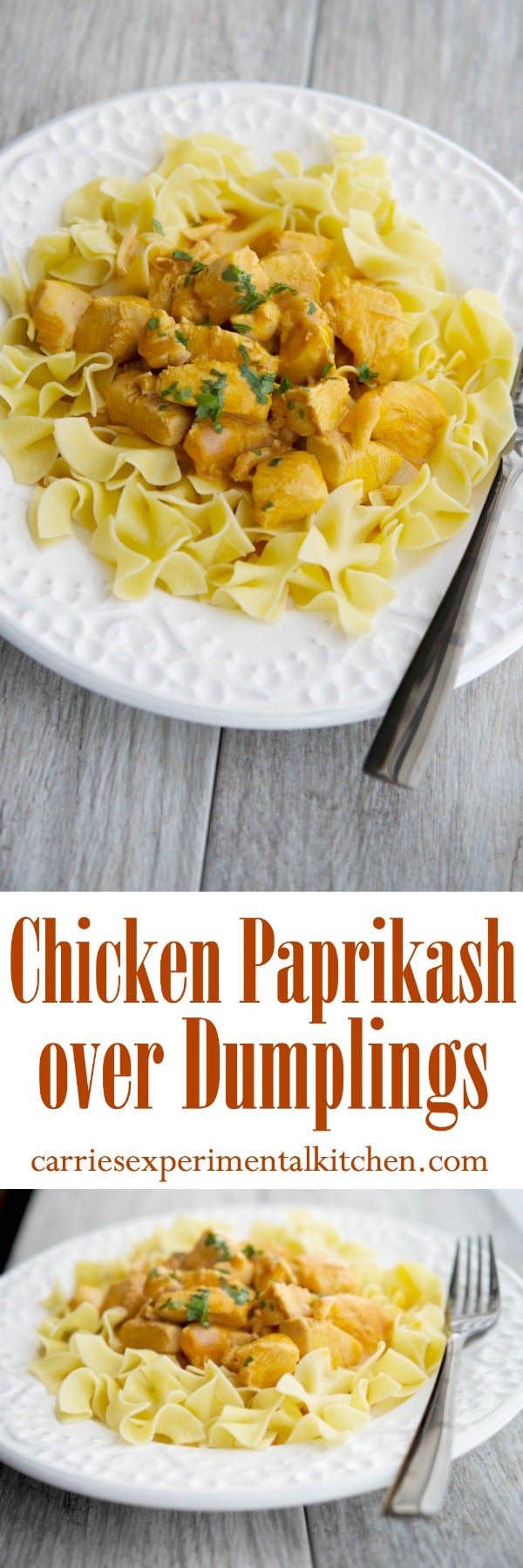 Boneless chicken breasts simmered slowly in a cream sauce made with Hungarian paprika and Greek yogurt over No Yolks Dumplings. #chicken #dumplings #noyolks #ad