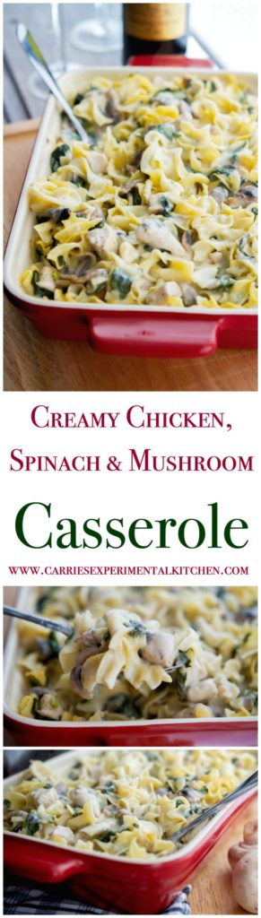 A bowl of Creamy chicken, spinach and mushroom casserole