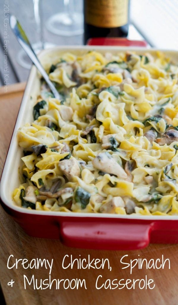 A close up of Creamy Chicken, Spinach and mushroom casserole