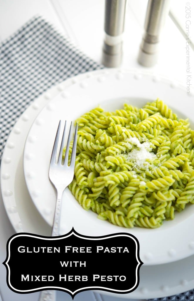 Gluten Free Pasta with Mixed Herb Pesto in a white bowl.