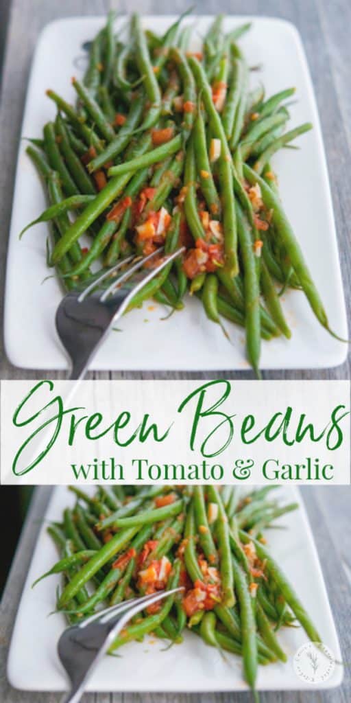 Green beans sautéed with fresh tomato and garlic in a light broth are delicious and make the perfect accompaniment to any weeknight meal.