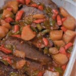 This Homestyle Pot Roast made with bottom round beef, potatoes and vegetables is moist, tender and a definite cold weather favorite.