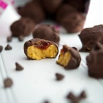 A close up of the inside of peanut butter and jelly truffles.