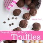 Peanut Butter & Jelly Truffles made from creamy peanut butter and your favorite jelly; then dipped in dark chocolate. 