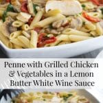 Penne pasta tossed with grilled chicken and seasonal vegetables in a light lemony butter white wine sauce. Makes a tasty quick weeknight meal!