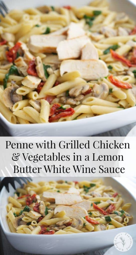 Penne pasta tossed with grilled chicken and seasonal vegetables in a light lemony butter white wine sauce. Makes a tasty quick weeknight meal!