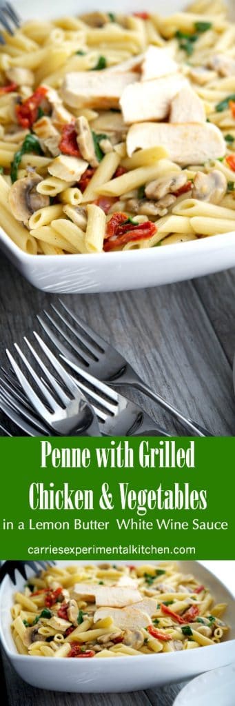 Penne pasta tossed with grilled chicken and seasonal vegetables in a light lemony butter white wine sauce.