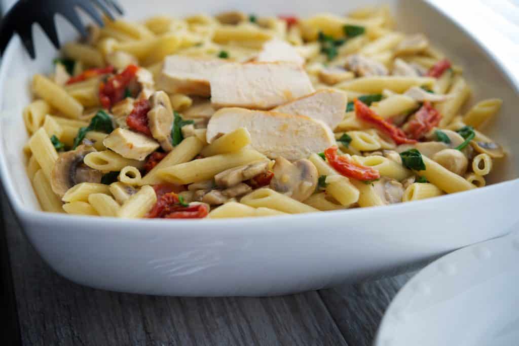 Penne with Grilled Chicken in a Lemon Butter White Wine Sauce Closeup