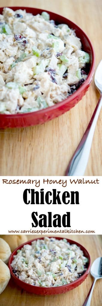 A collage photo of rosemary honey walnut chicken salad. 