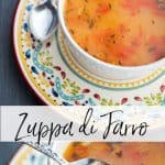 Zuppa di Farro or Italian Farro Soup is a hearty, broth soup made from Italian pearled farro, pancetta, garlic, fresh tomatoes and chicken broth.