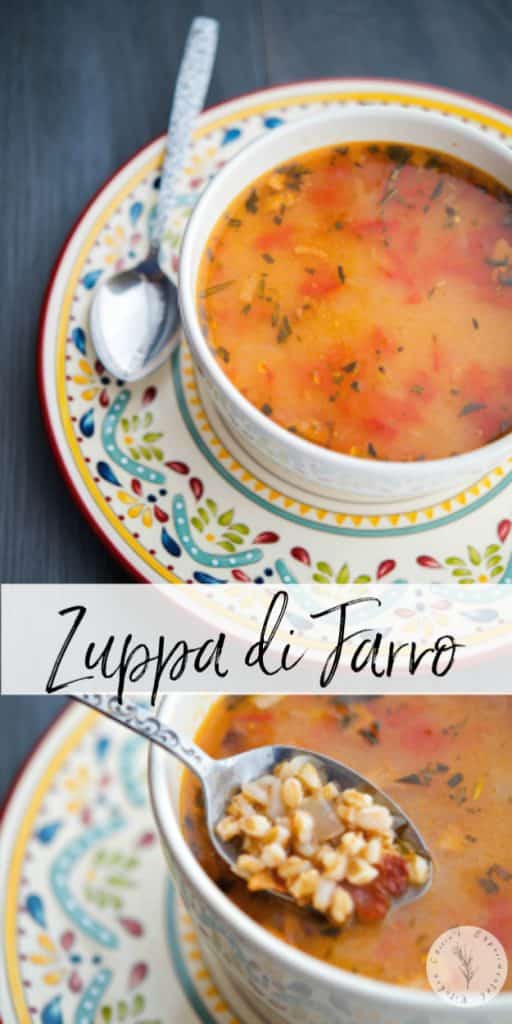 Zuppa di Farro or Italian Farro Soup is a hearty, broth soup made from Italian pearled farro, pancetta, garlic, fresh tomatoes and chicken broth.