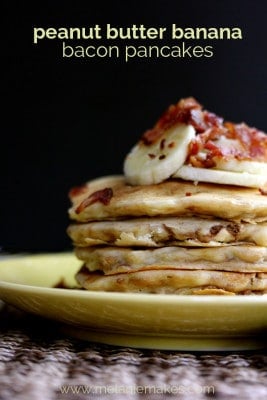 A close up of a plate of peanut butter banana bacon pancakes.