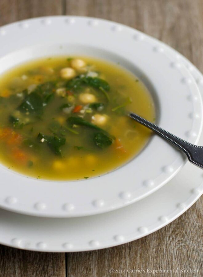 Spinach & Chick Pea Soup made with fresh spinach, plum tomatoes, basil, garlic and chick peas in a light chicken broth. 