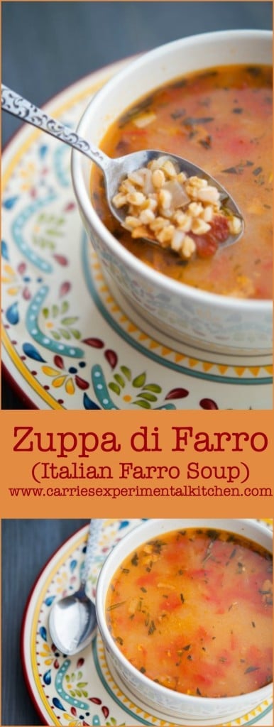  Zuppa di Farro or Italian Farro Soup is a hearty, broth soup made from Italian pearled farro, pancetta, garlic, fresh tomatoes and chicken broth.