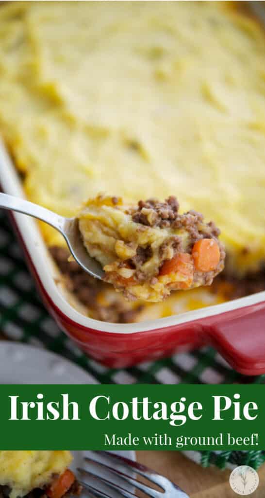 Cottage Pie is equivalent to Shepherd's Pie; however, ground beef is used instead of lamb. It makes a tasty meal any day of the year!