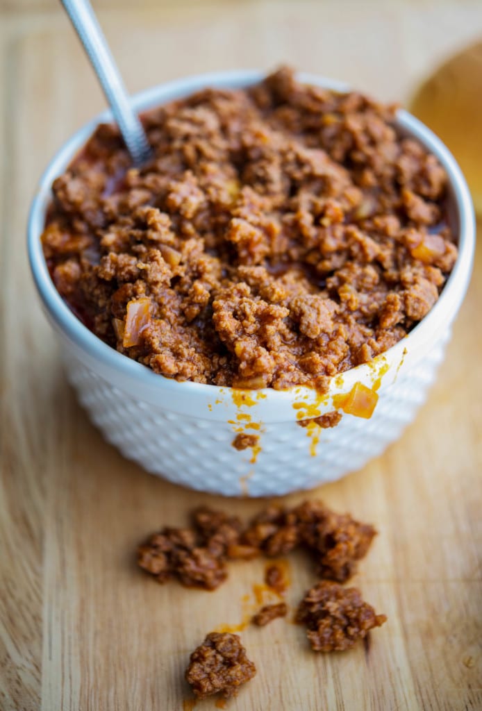 A close up of sloppy joe ground beef in a bowl. 