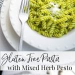 Gluten Free Pasta with Mixed Herb Pesto Collage Photo with 2 images in white bowls