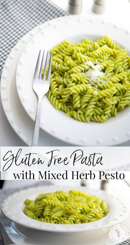 Gluten Free Pasta with Mixed Herb Pesto Collage Photo with 2 images in white bowls