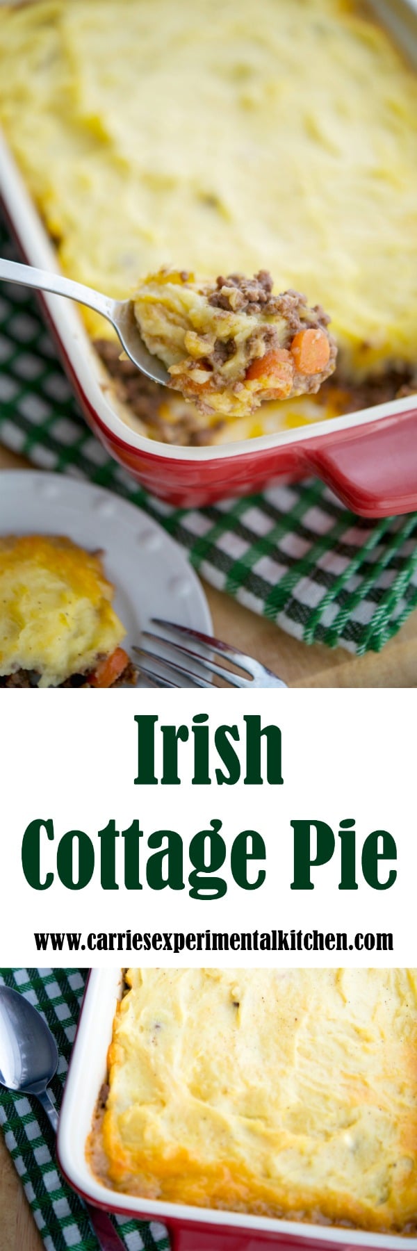 Whether you're celebrating St. Patrick's Day or just want a deliciously easy casserole dish, this Irish Cottage Pie made with ground beef and cheesy mashed potatoes will be a definite crowd pleaser. #beef #irish #casserole #stpatricksday