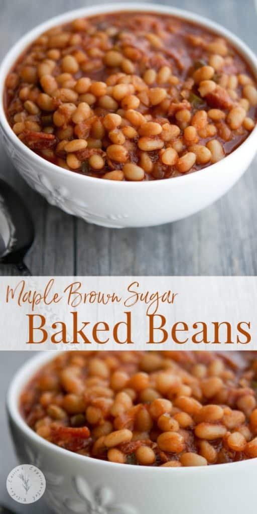 Maple Brown Sugar Baked Beans made with navy beans, maple syrup, brown sugar, peppers and onions are the perfect addition to your Summer BBQ plans.