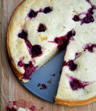 Raspberry Lemon Ricotta Cake on a cake pan