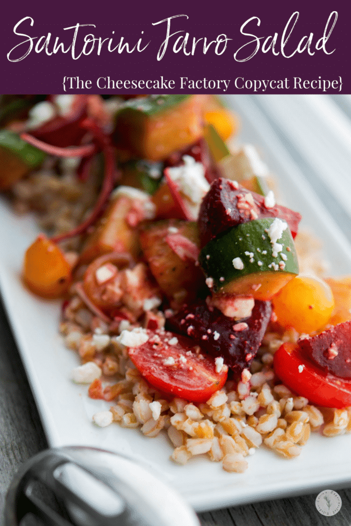 A closeup of a plate of Santorini Farro Salad. 