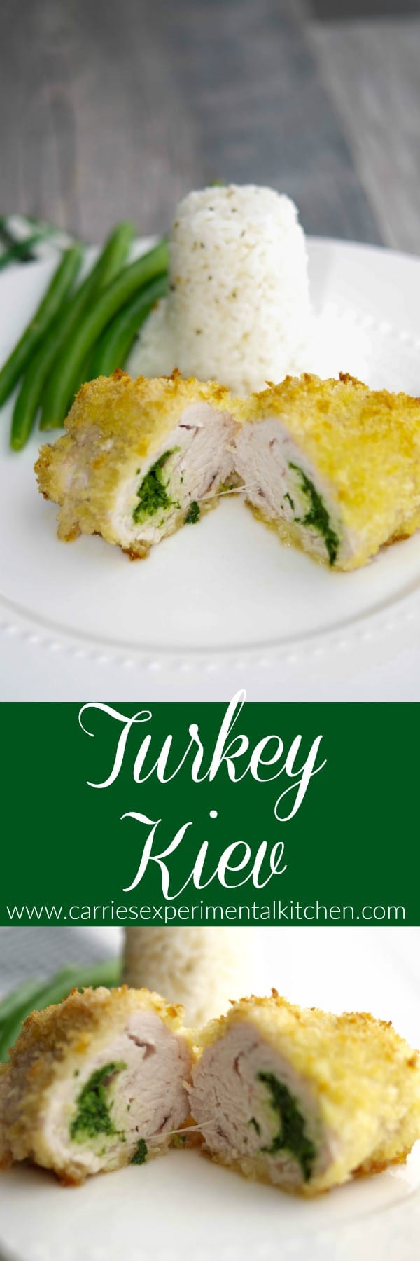 Turkey Kiev: Boneless turkey breast stuffed with a mixture of butter, fresh tarragon, and parsley; then coated with panko breadcrumbs and baked.