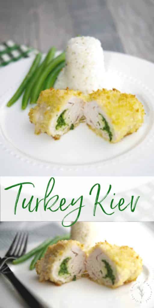 Turkey Kiev cut in half on a white plate. 