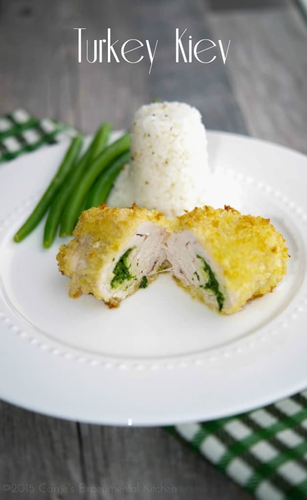 Turkey Kiev: Boneless turkey breast stuffed with a mixture of butter, fresh tarragon, and parsley; then coated with panko breadcrumbs and baked.
