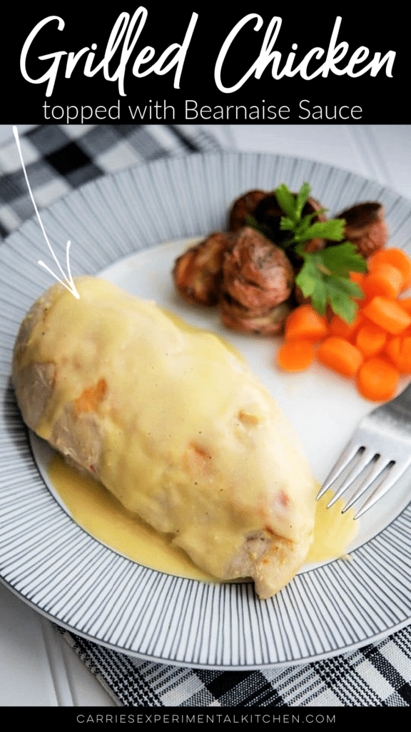 a plate with a piece of grilled chicken topped with bernaise sauce