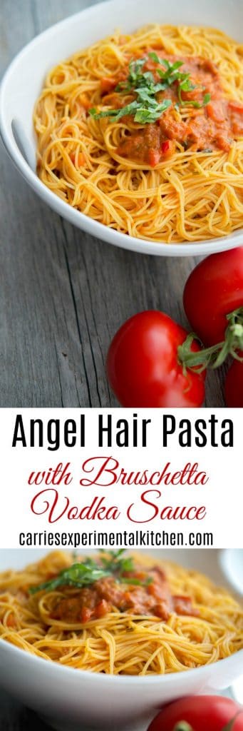A bowl of angel hair pasta topped with bruschetta.
