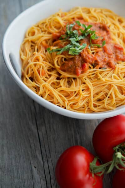 Angel Hair Pasta with Bruschetta Vodka Sauce made with pre-made bruschetta makes a deliciously quick and easy weeknight meal.